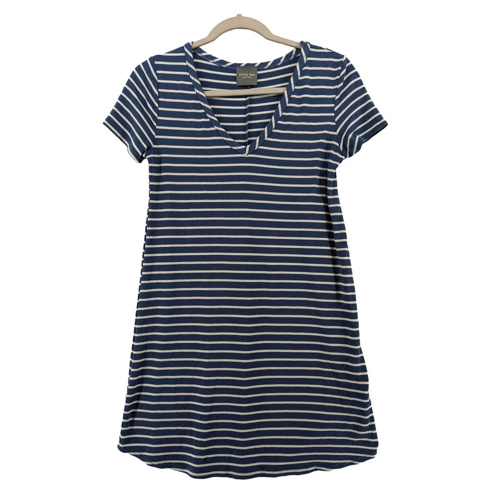 Olivia Rae Sundress Small Blue White Striped Dress VNeck Short Sleeve Mini ALine